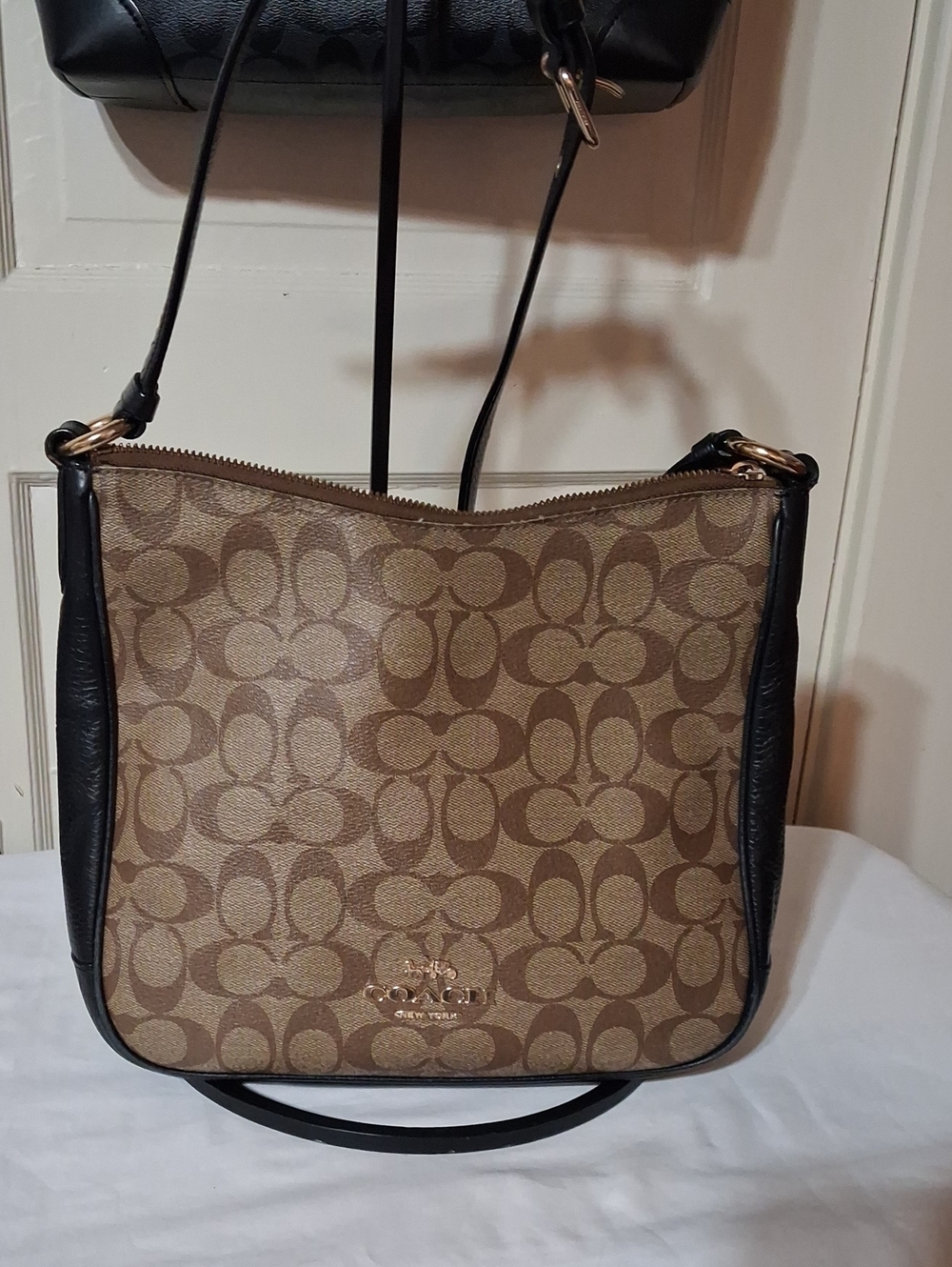 Coach Brown Signature Ellie File Canvas Crossbody with Black Strap